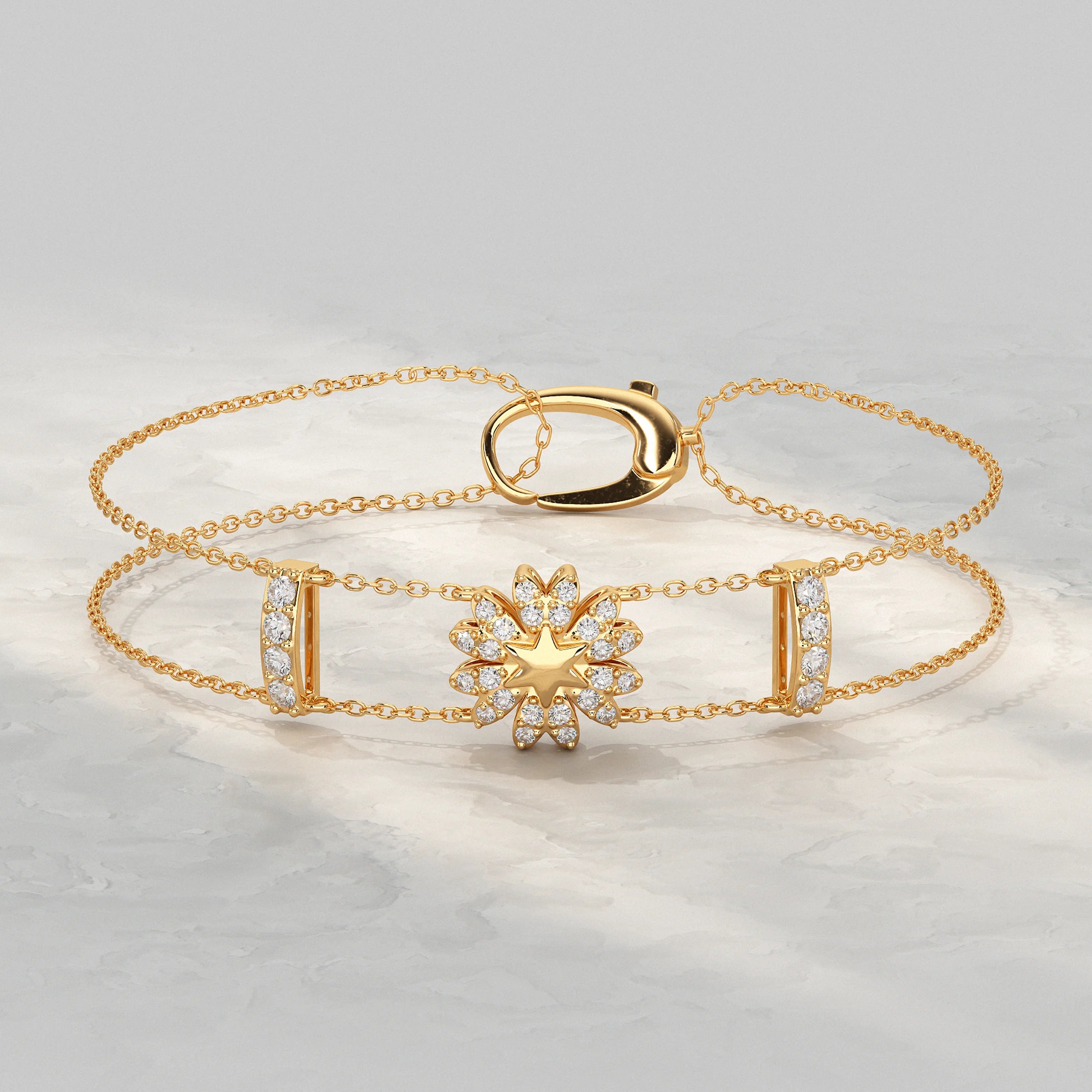 Floral Shape Round Diamond Double Chain Bracelet