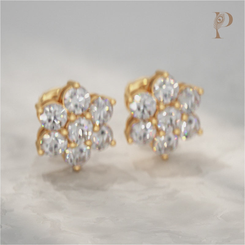 Floral Shape Round Diamond Stud Earrings