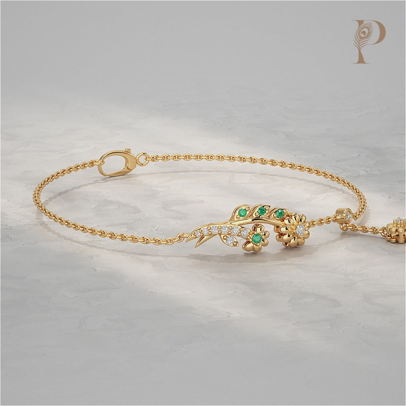 Round Lab Diamond Floral Leaf Charm Chain Bracelet