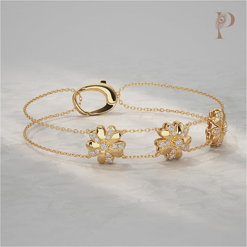 Diamond Triple Floral Double Chain Bracelet